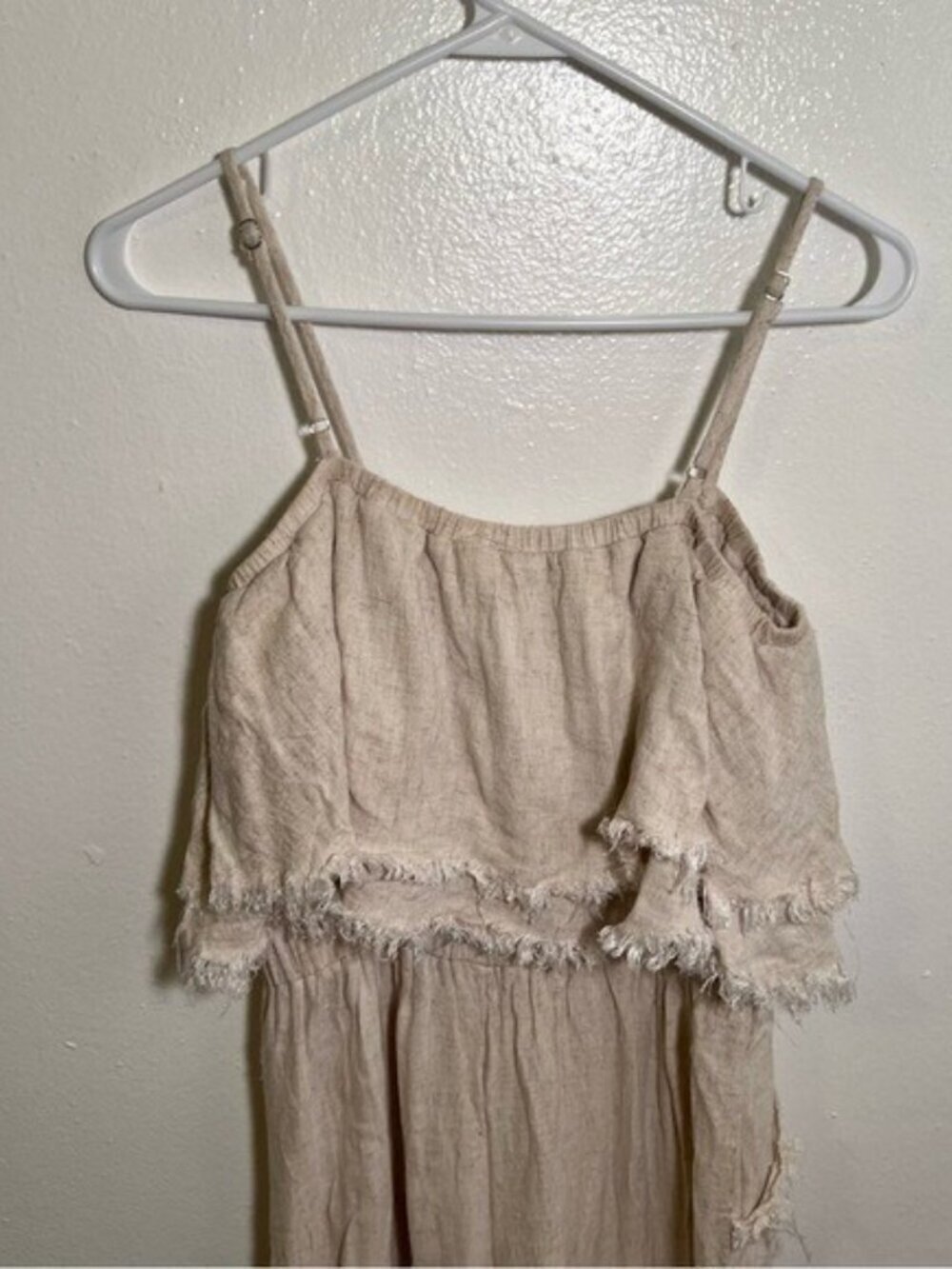 Umgee Women's Size Small Losing My Mind Tiered Jumpsuit Beige Fringe Hem Linen - Picture 11 of 14